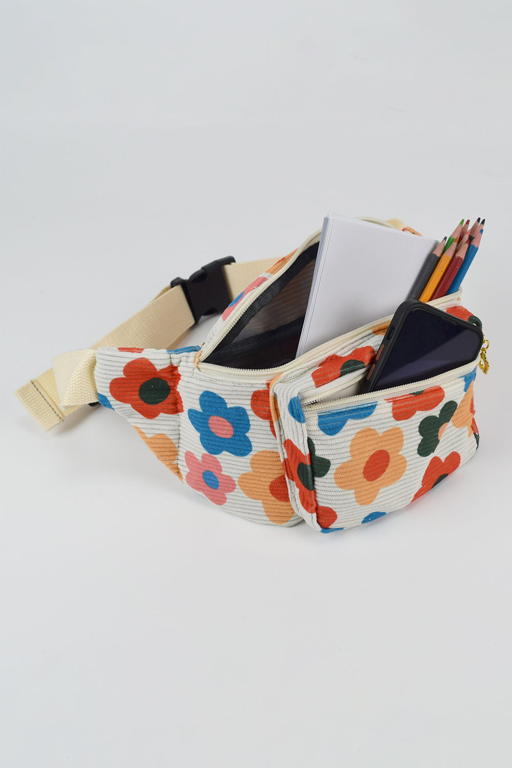 Khaki Colorful Flower Print Ribbed Waist Belt Bag