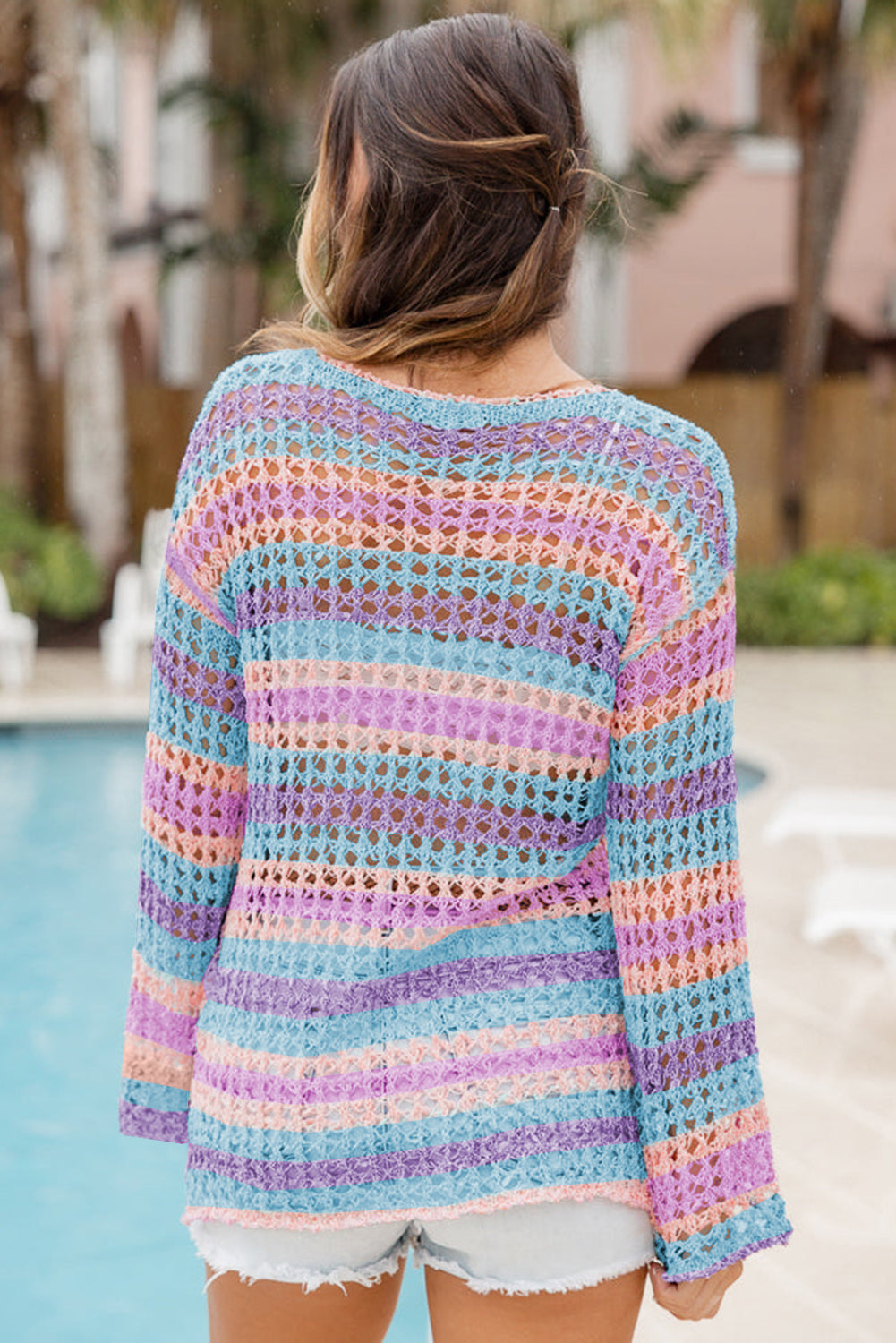 Vibrant Purple Striped Lightweight Knit Beach Cover Up