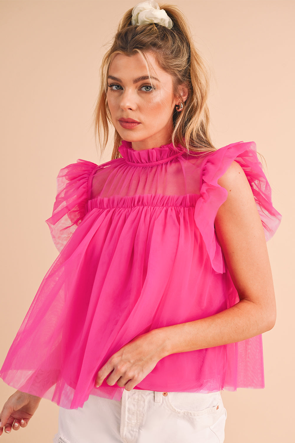 Ruffled Strawberry Pink Mesh Layered Top