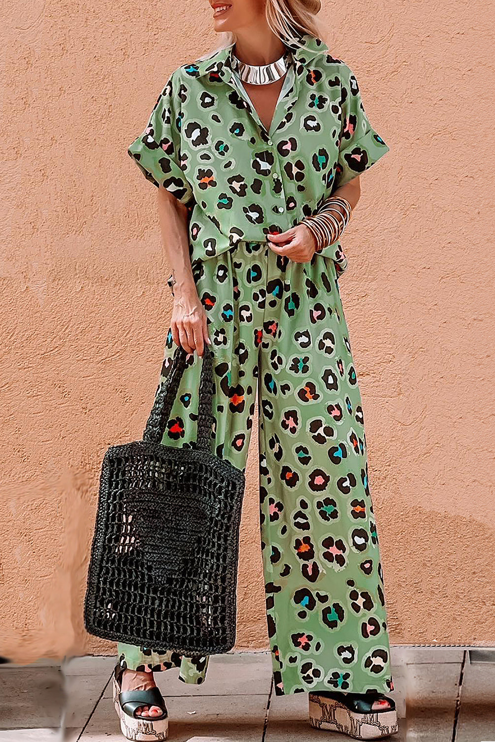 Fierce Green Leopard Print Two-Piece Shirt and Wide Leg Pants Ensemble