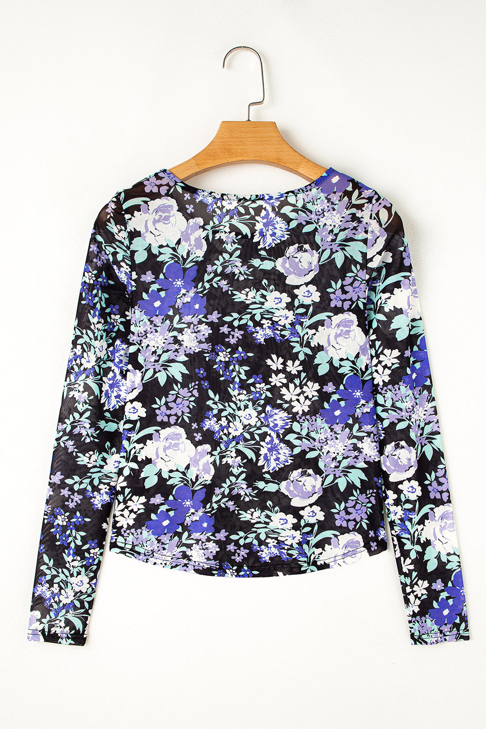 Green Floral Print Mesh Long Sleeve Top