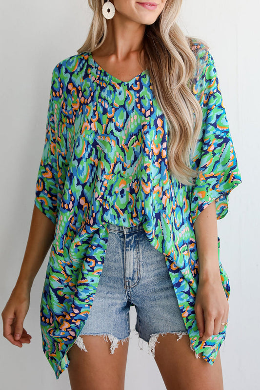 Green Abstract Print V Neck Half Sleeve Loose Fit Tunic Blouse