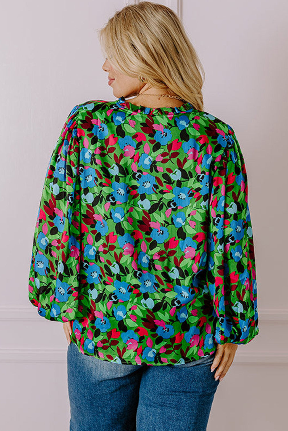 Green Plus Size Floral Puff Sleeve V Neck Blouse