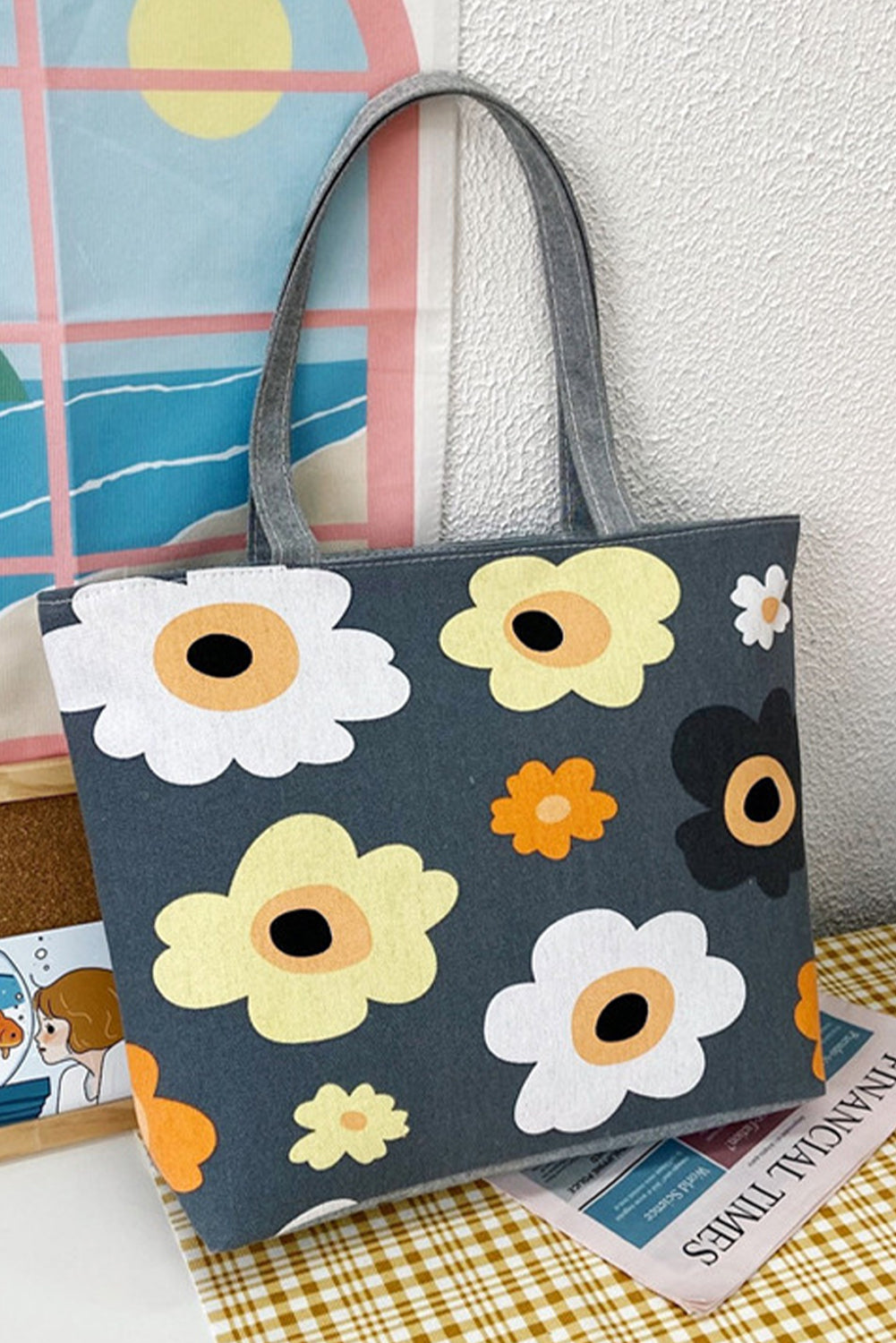 Sac fourre-tout sur toile à fleurs gris foncé