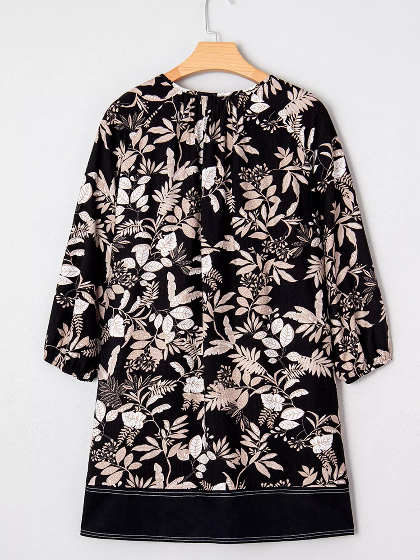 3/4 Sleeve Botanical Print Split Neck Loose Mini Dress - MAD RUFFI
