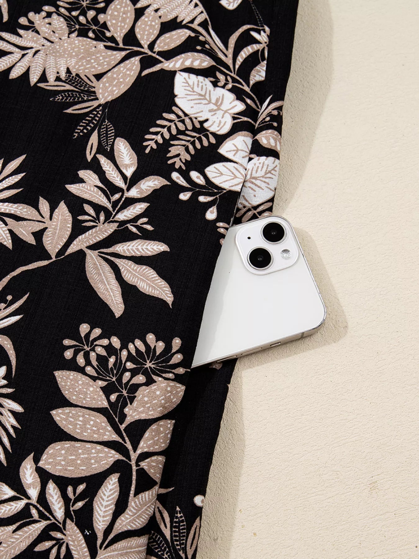 3/4 Sleeve Botanical Print Split Neck Loose Mini Dress - MAD RUFFI