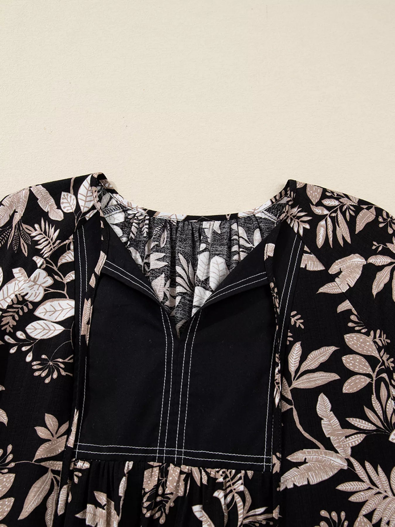 3/4 Sleeve Botanical Print Split Neck Loose Mini Dress - MAD RUFFI