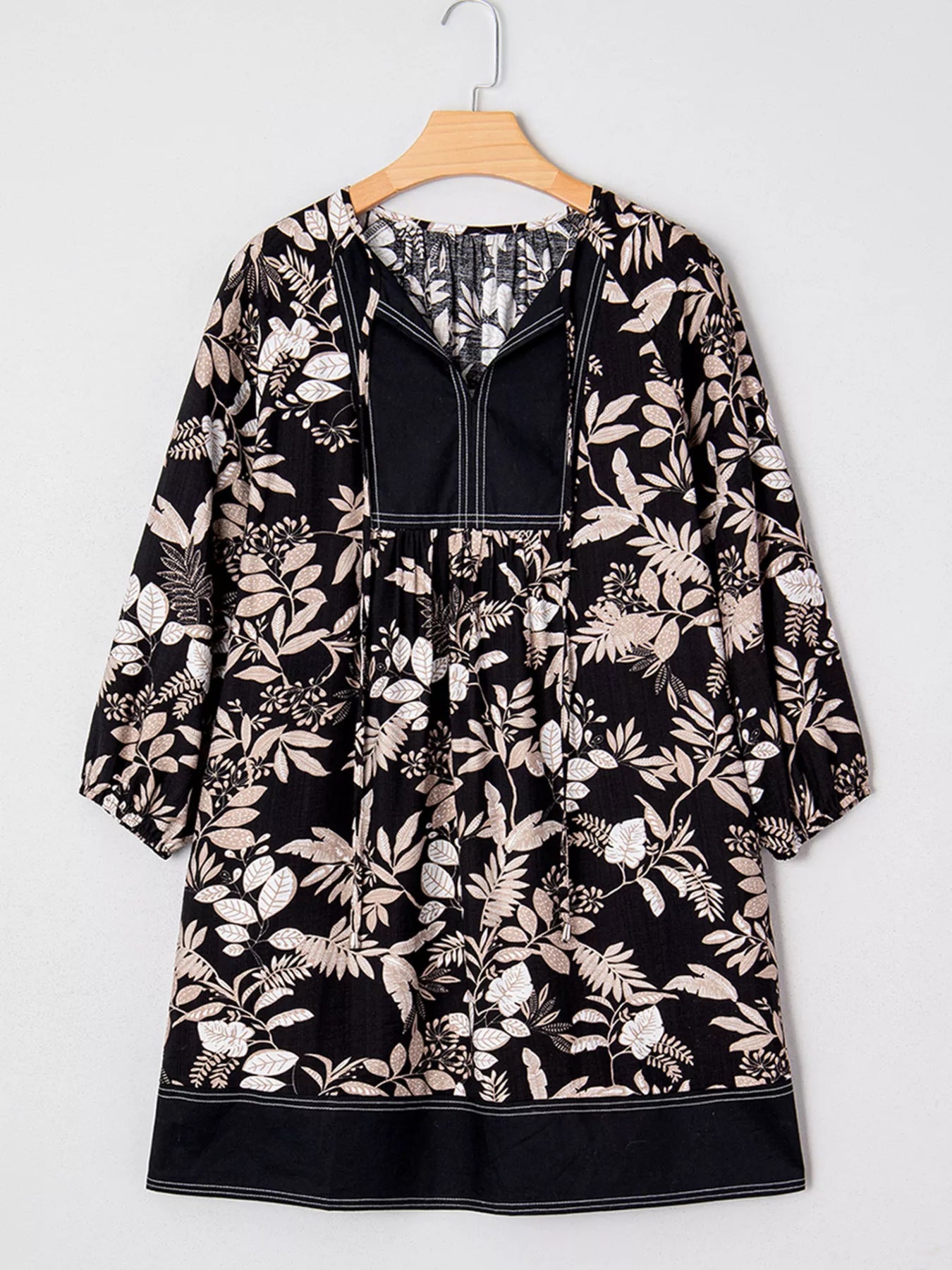 3/4 Sleeve Botanical Print Split Neck Loose Mini Dress - MAD RUFFI