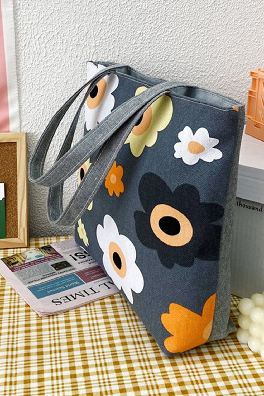 Sac fourre-tout sur toile à fleurs gris foncé