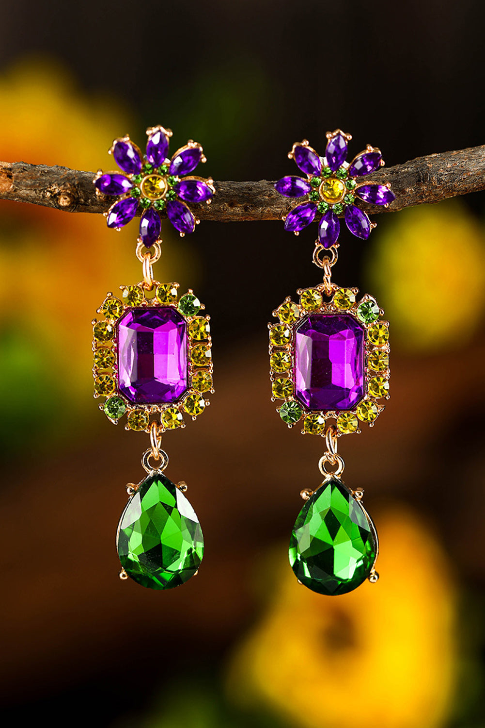 Purple Mardi Gras Diamond Flower Geometric Dangle Earrings