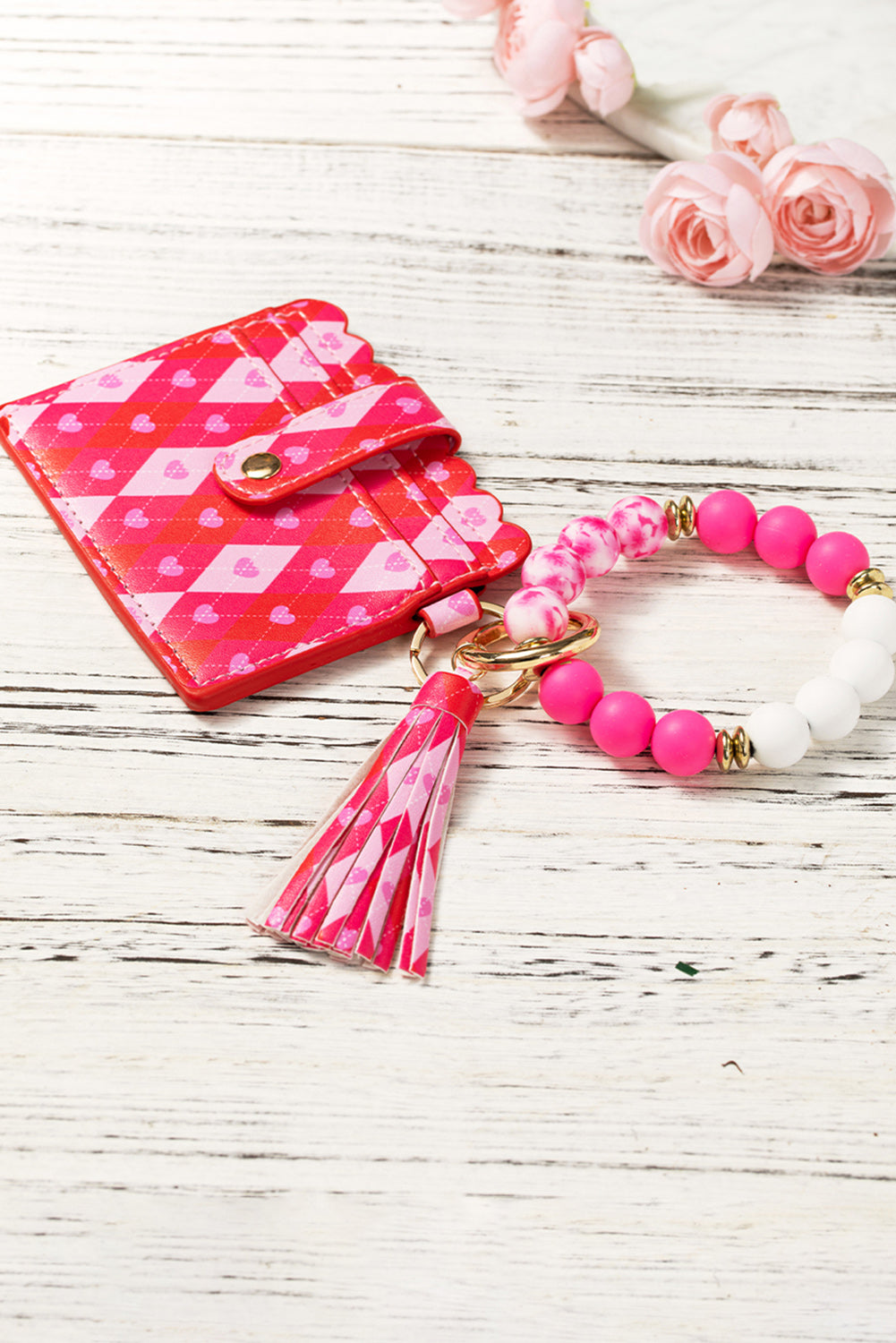 Rose Red Valentine PU Card Bag Key Chain with Bracelet