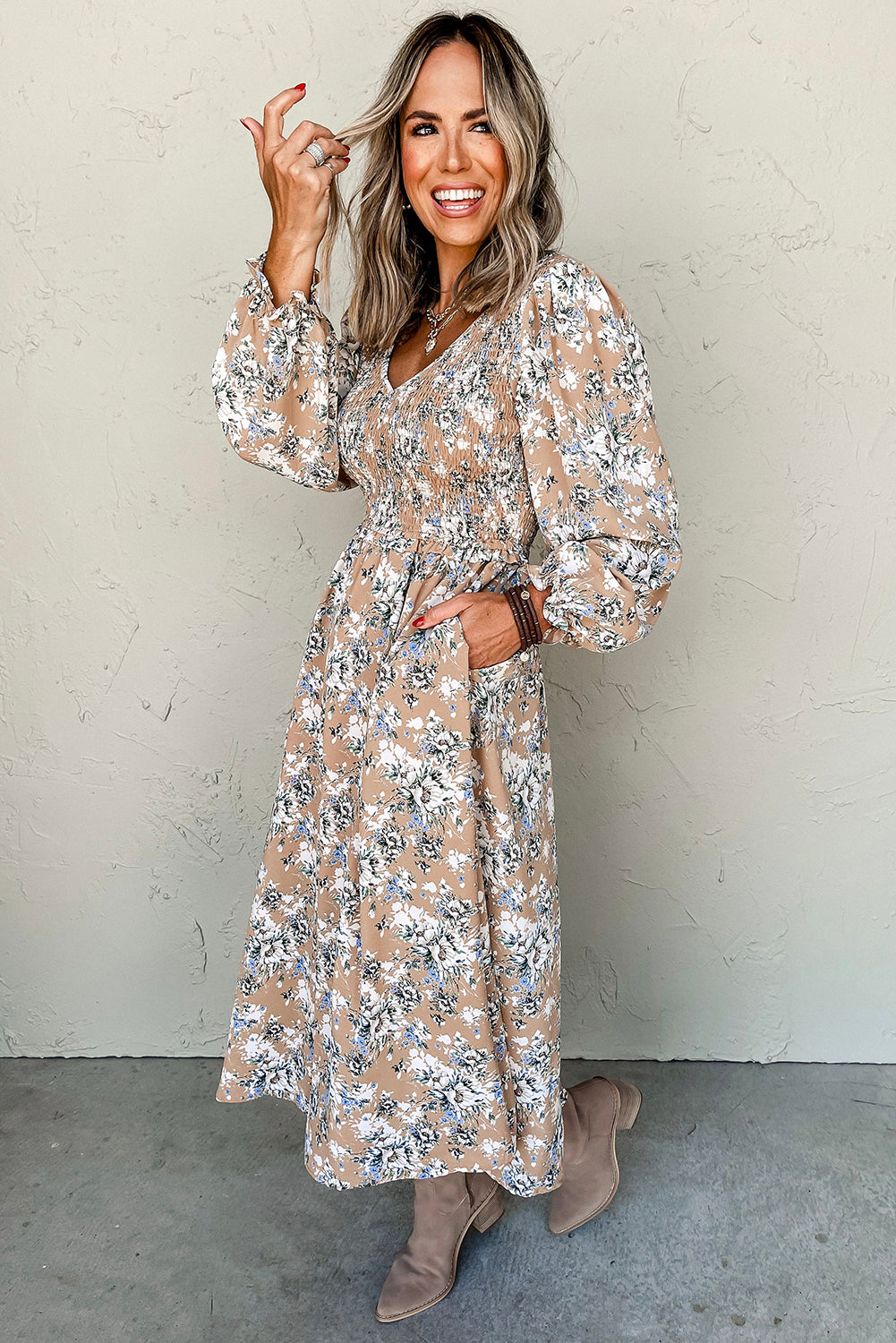 Khaki Floral Puff Sleeve Maxi Dress with Smocked Details