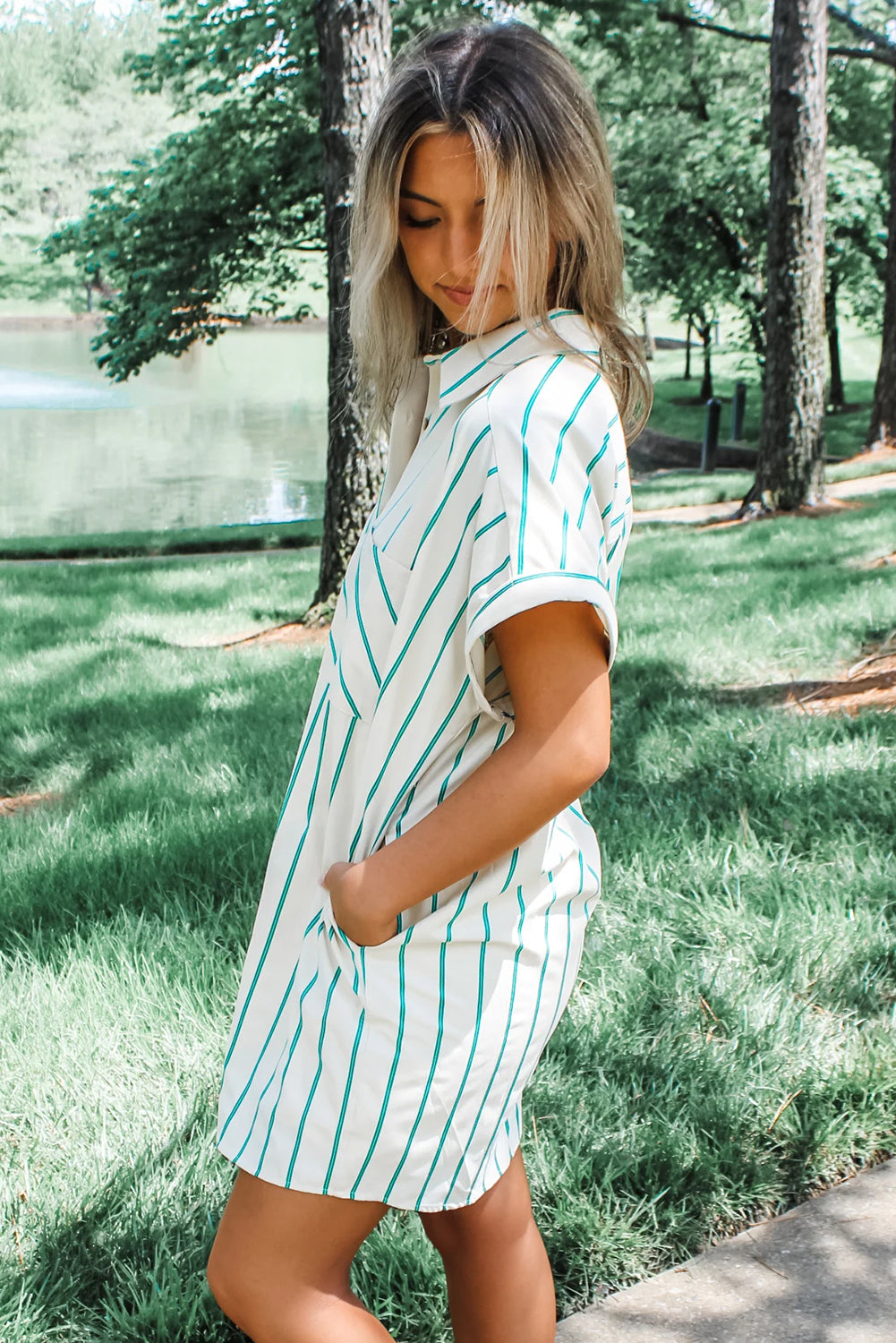 Mint Green Striped Pocket Short Sleeve Mini Dress