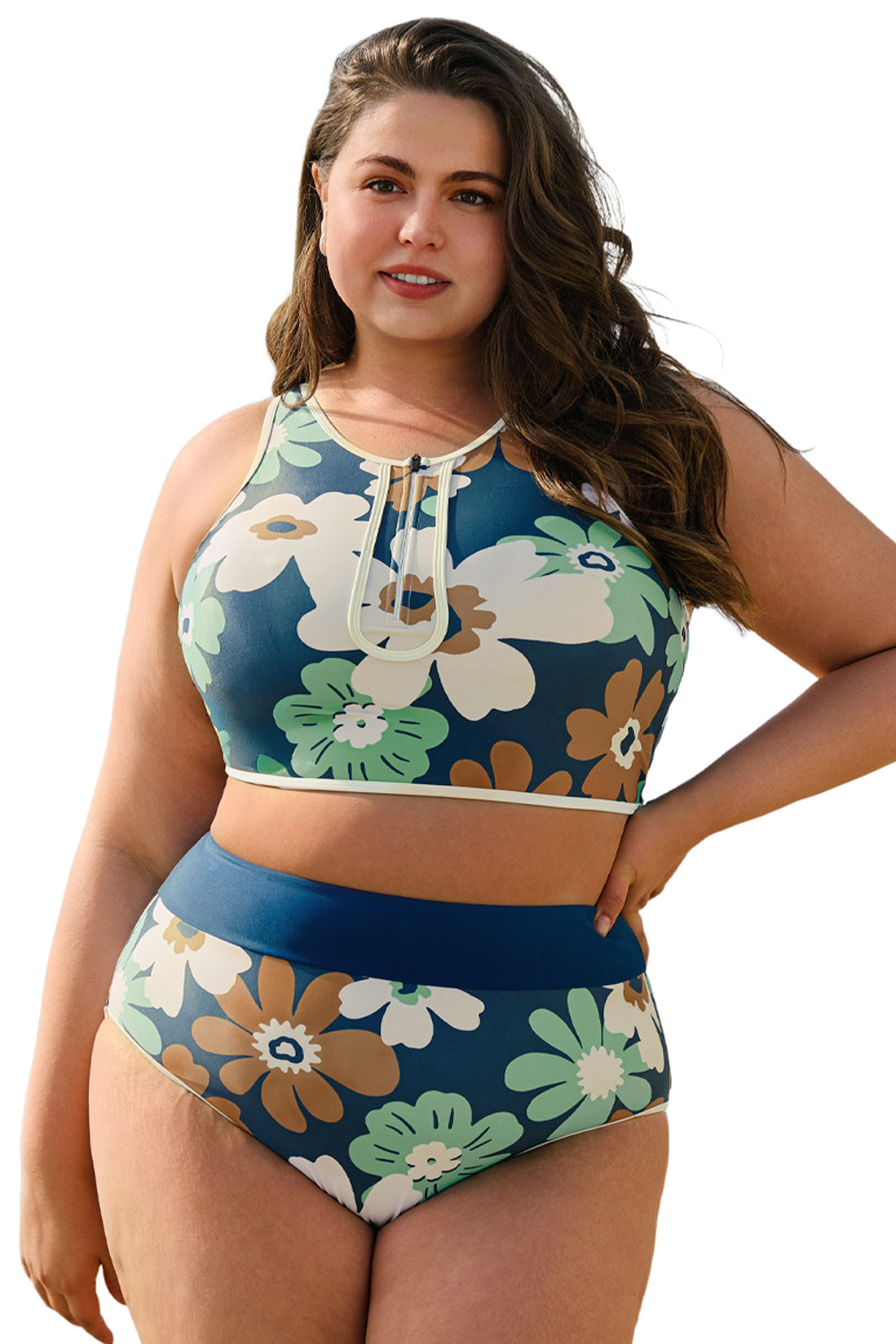 Green Floral Print Zipped Plus Size Two Pieces Bikini