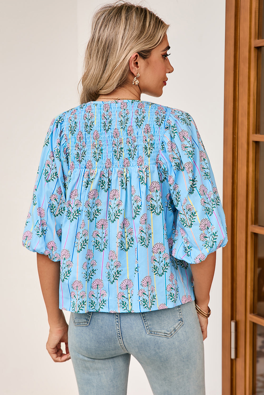 Sky Blue Floral Striped Smocked V Neck Blouse