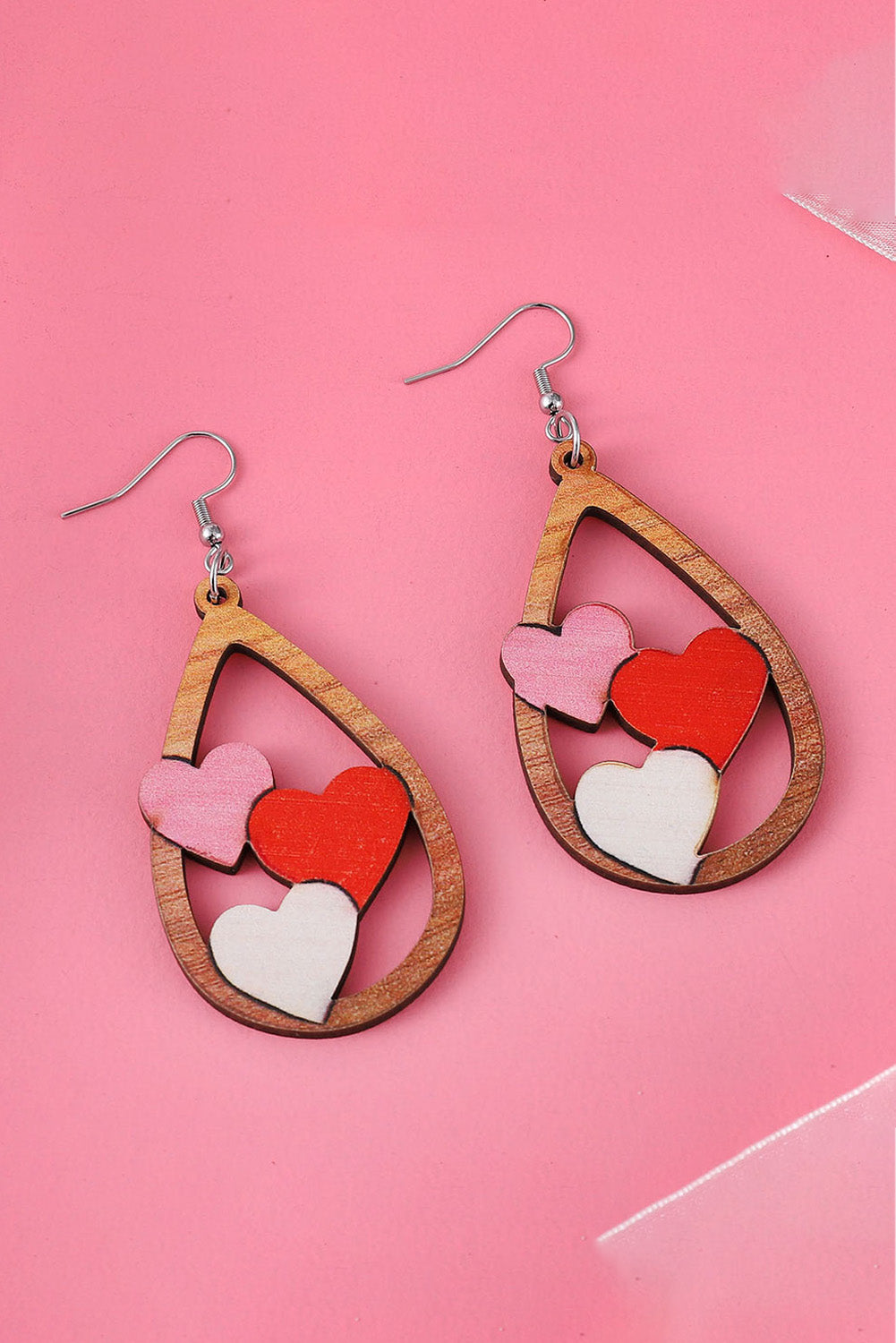 Red Valentines 3 Hearts Insert Water Drop Earrings Design