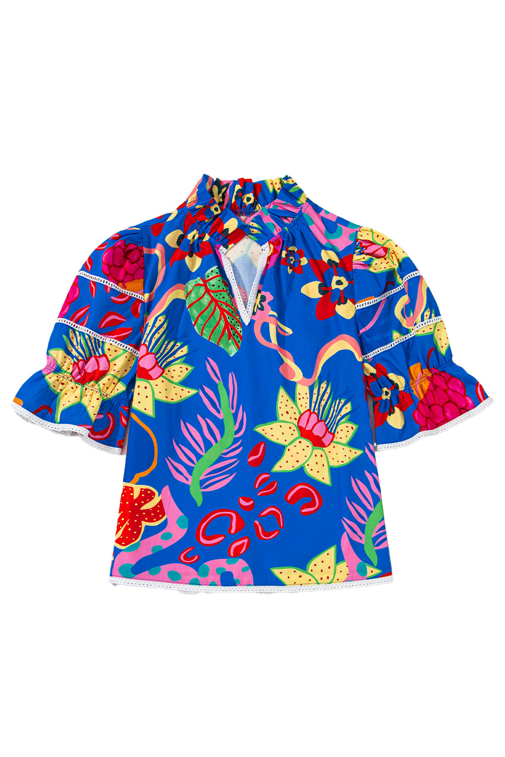 Blue Frill V-neck Abstract Print Blouse