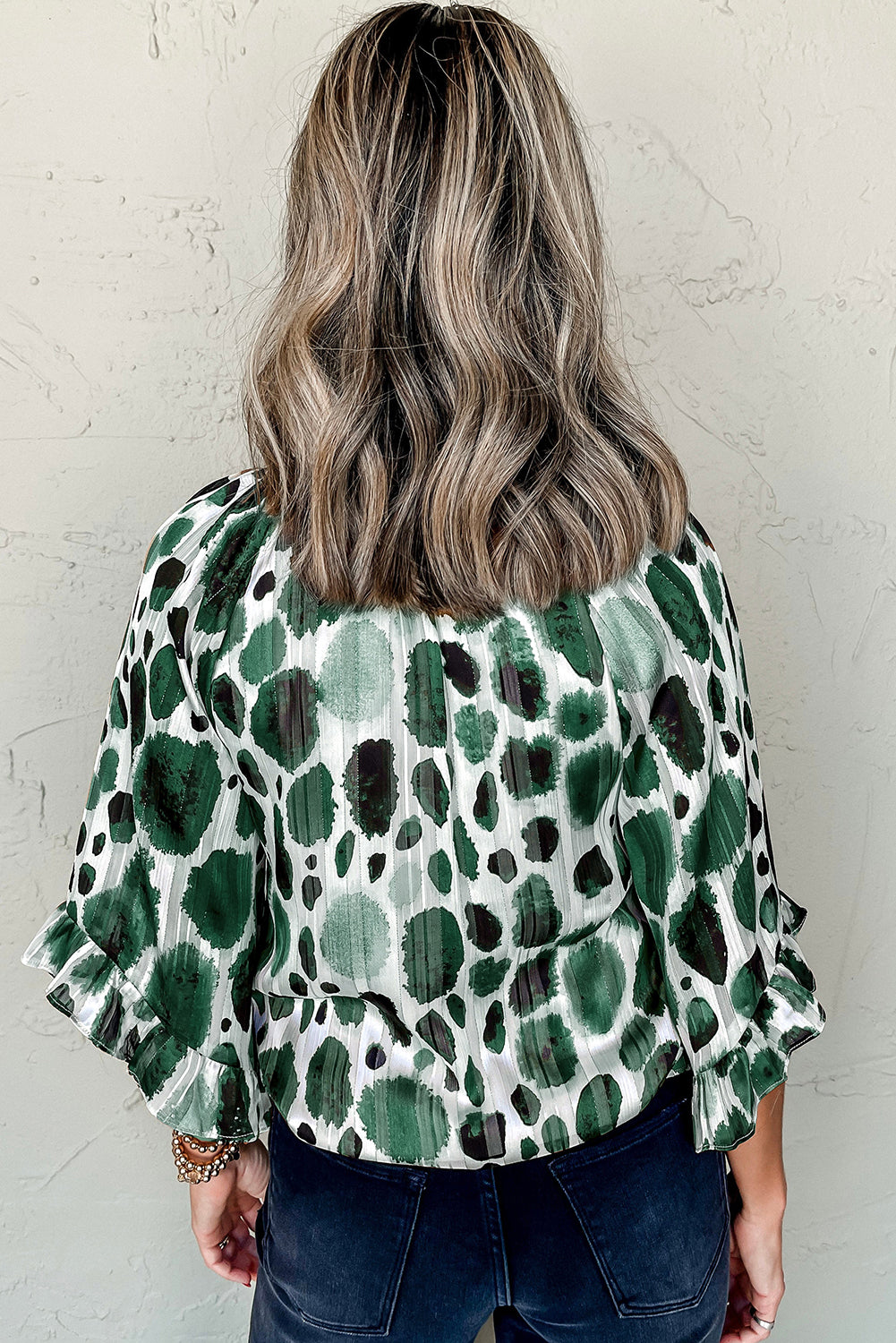 Ruffle Print Print Green 3/4 آستین کراوات گردن