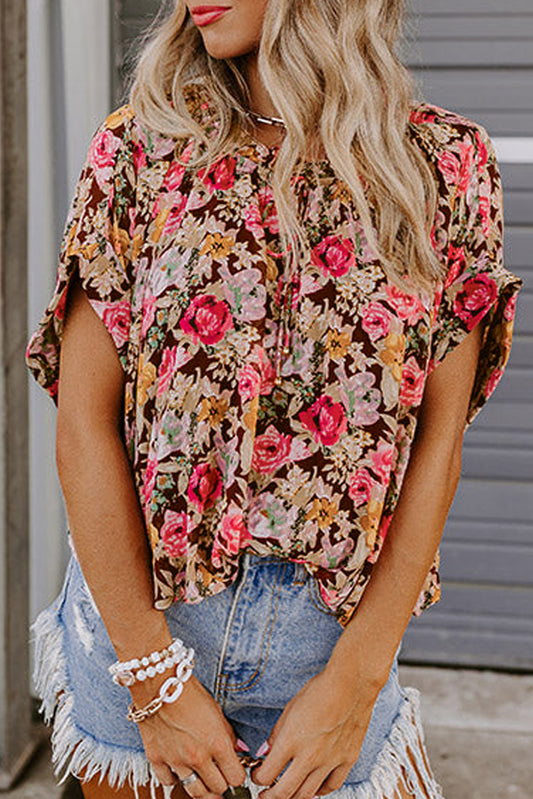 Pink Floral Print Short Sleeve Boho Blouse