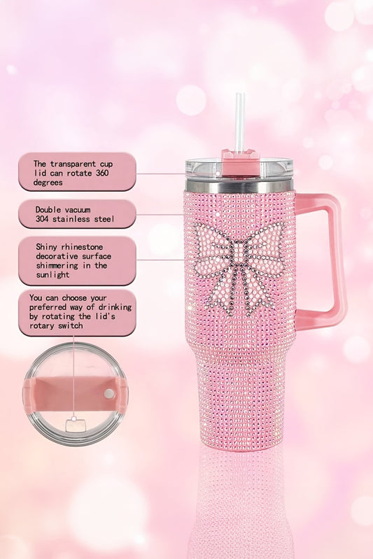 Pink Sweet Rhinestone Bow Tumbler Cup with Straw and Handle