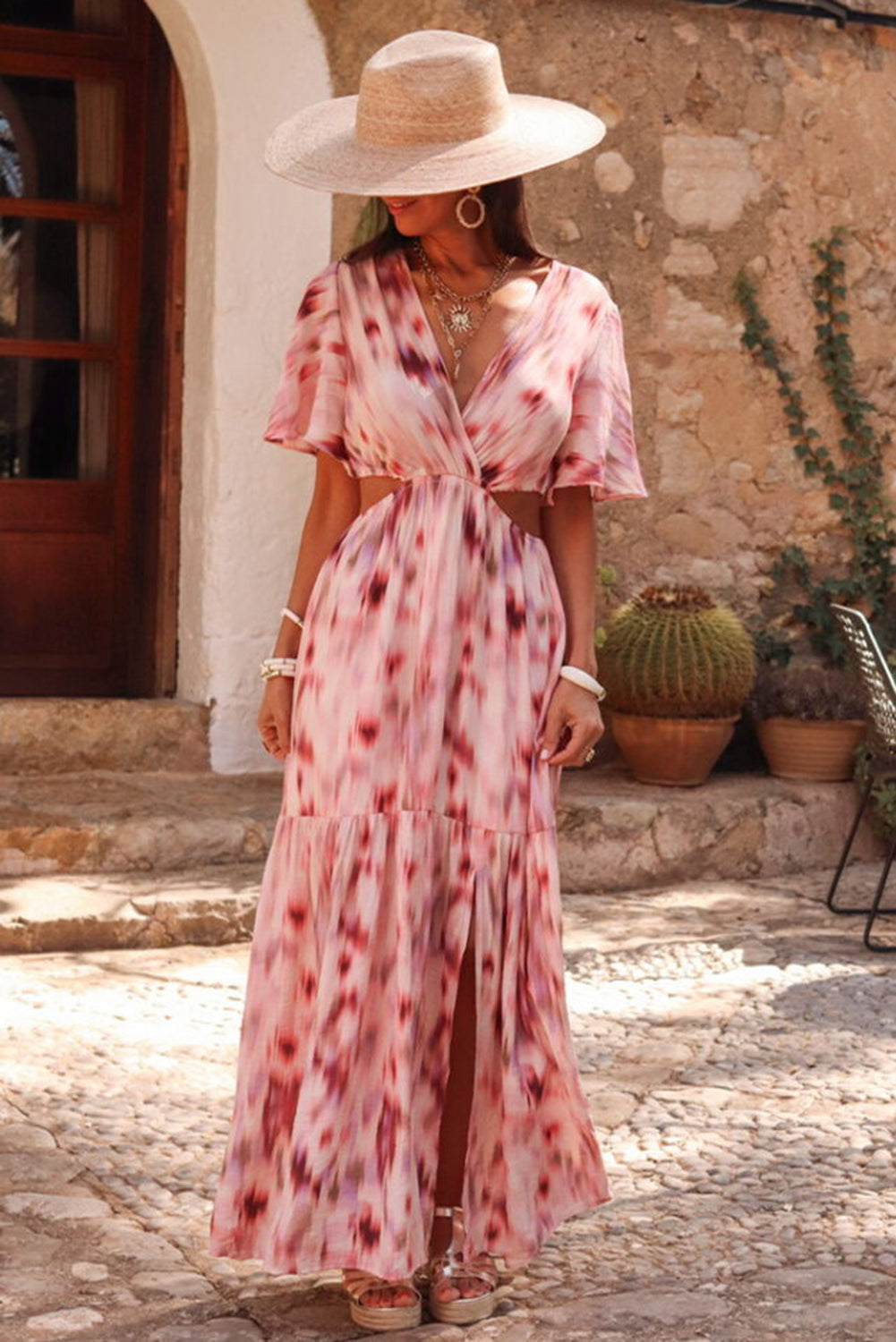 Pink Abstract Printed Flutter Sleeve Cutout Maxi Dress