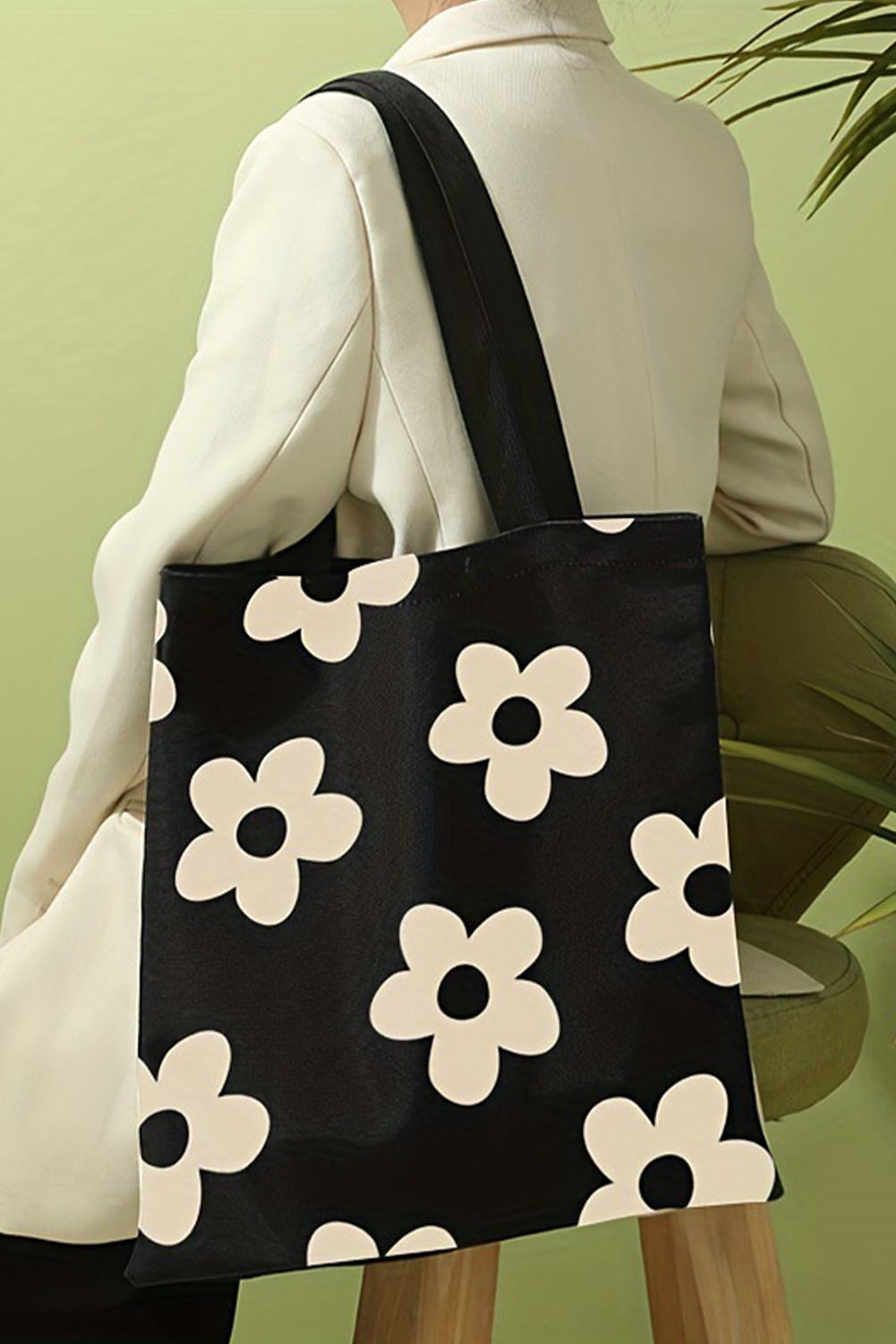 Black Flower Print Canvas Large Capacity Shoulder Bag