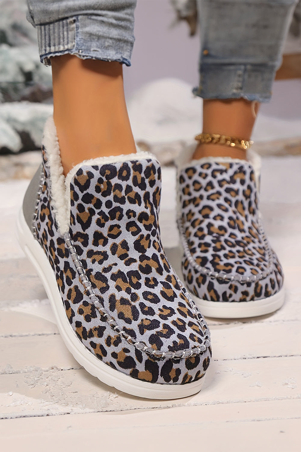 Botas de nieve de invierno forradas con estampado de leopardo gris oscuro