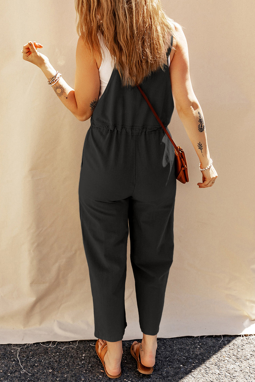 Sage Green Buttoned Straps Drawstring Cropped Jumpsuit