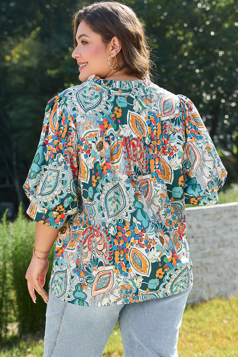 Multicolour Bohemian Abstract Imprimer V Neck Plus Plus taille de taille