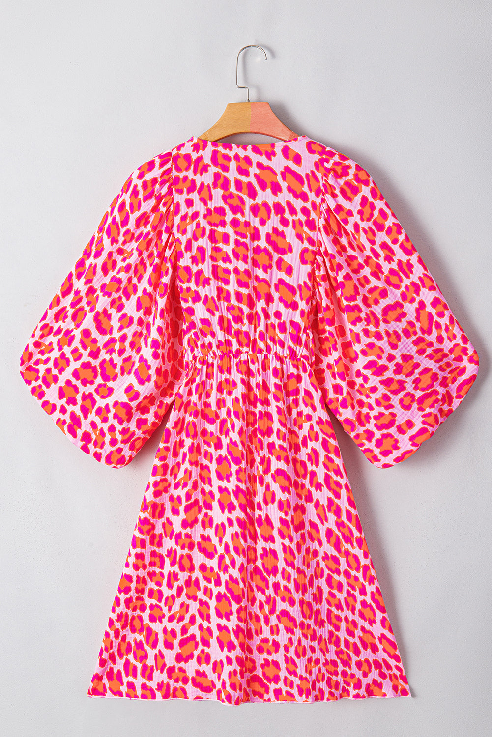 Black V Neck 3/4 Puff Sleeve Leopard Print Dress