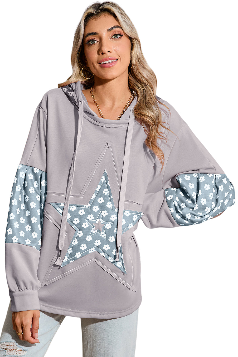 Delicacy Floral Patchwork Star Pattern Drawstring Hoodie