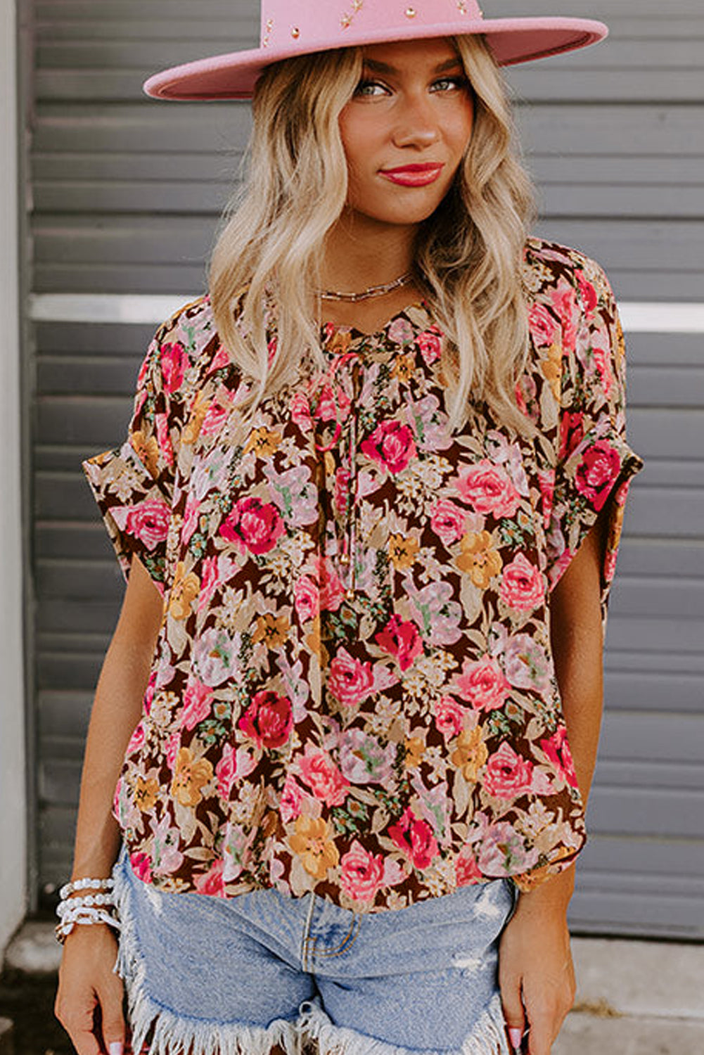 Rosa, kurzärmlige Boho-Bluse mit Blumenmuster