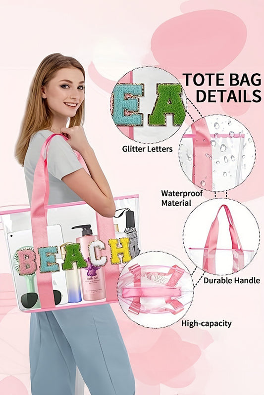 Pink BEACH Chenille Letter Patched Transparent Tote Bag