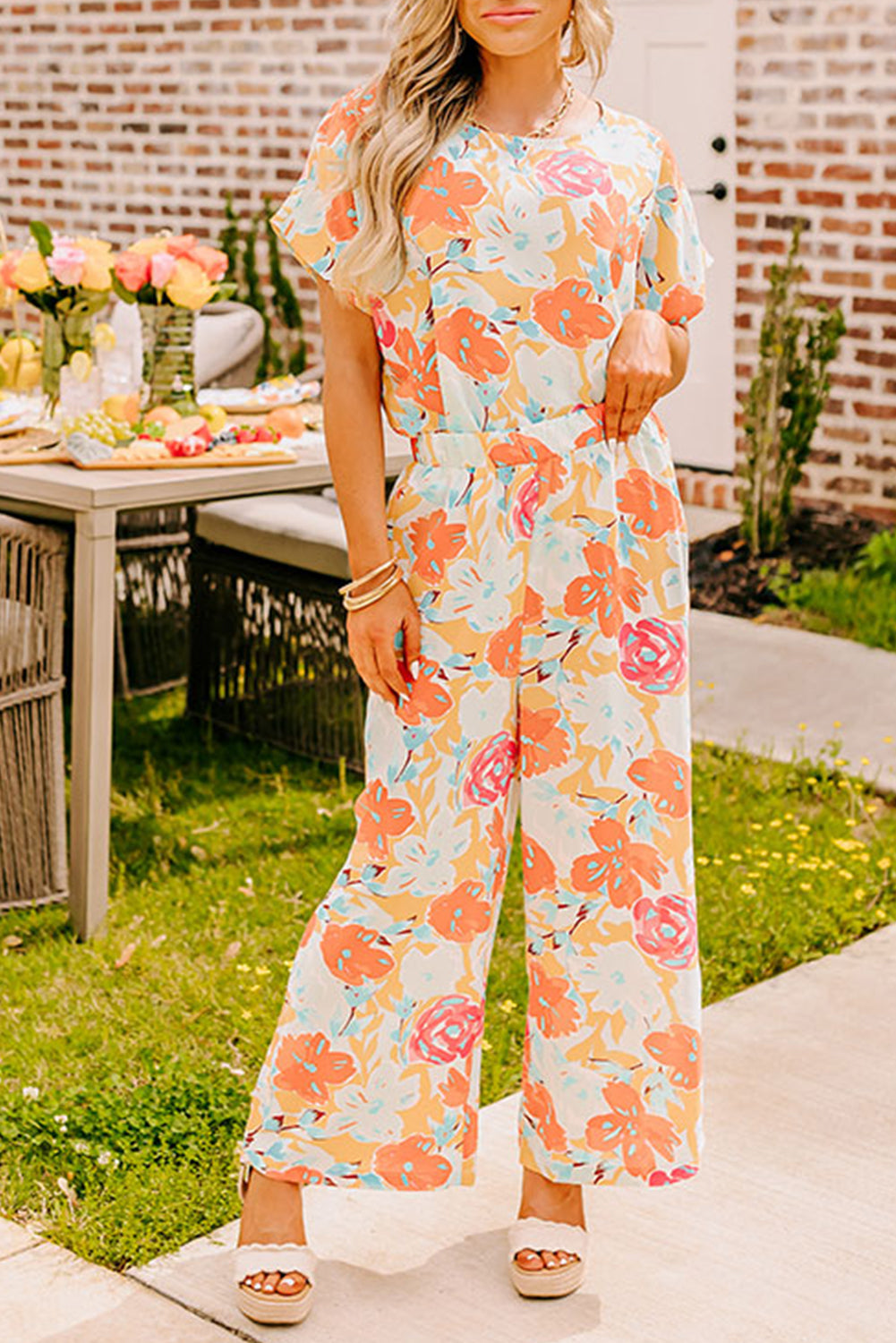 Orange Vibrant Floral Print Blouse and Wide Leg Pants Set