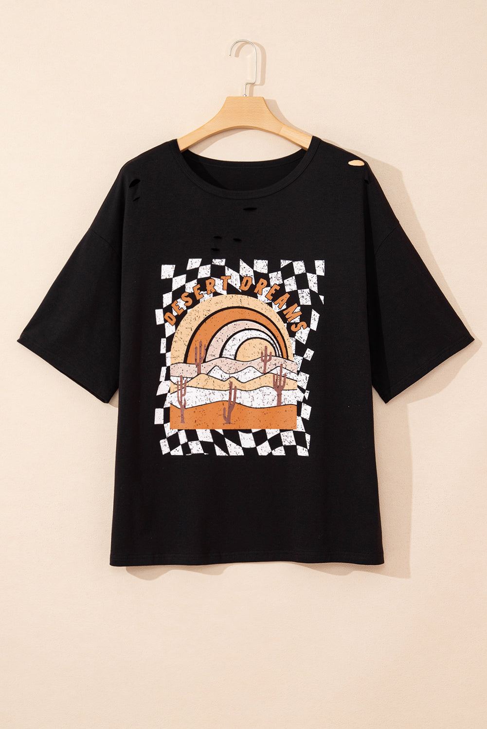 Black Checkered DESERT DREAMS Print Ripped Plus Size Tee