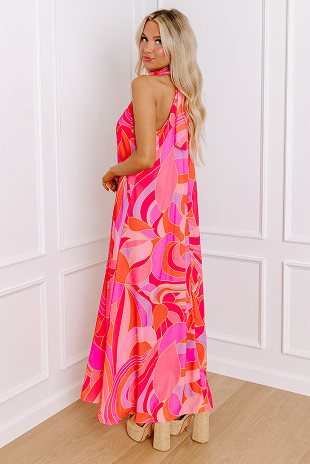 Floral High Neck Sleeveless Maxi Dress with Knotted Detail