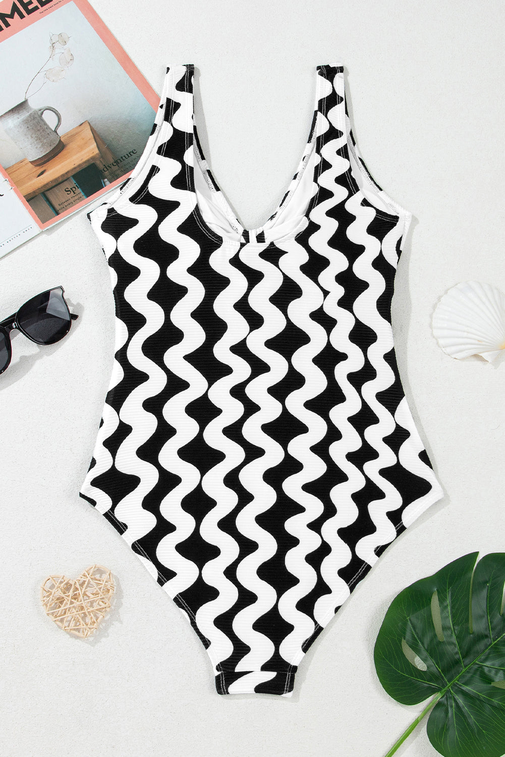 Black Wave Striped Knot V cou Backless One Piece Swimsuit