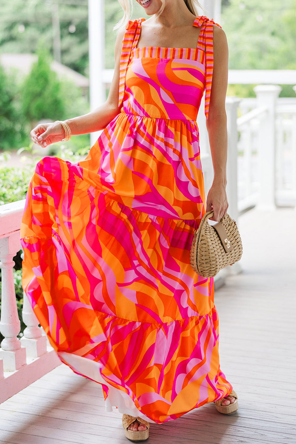 Crimson Artistic Print Knotted Shoulder High-Waisted Maxi Dress