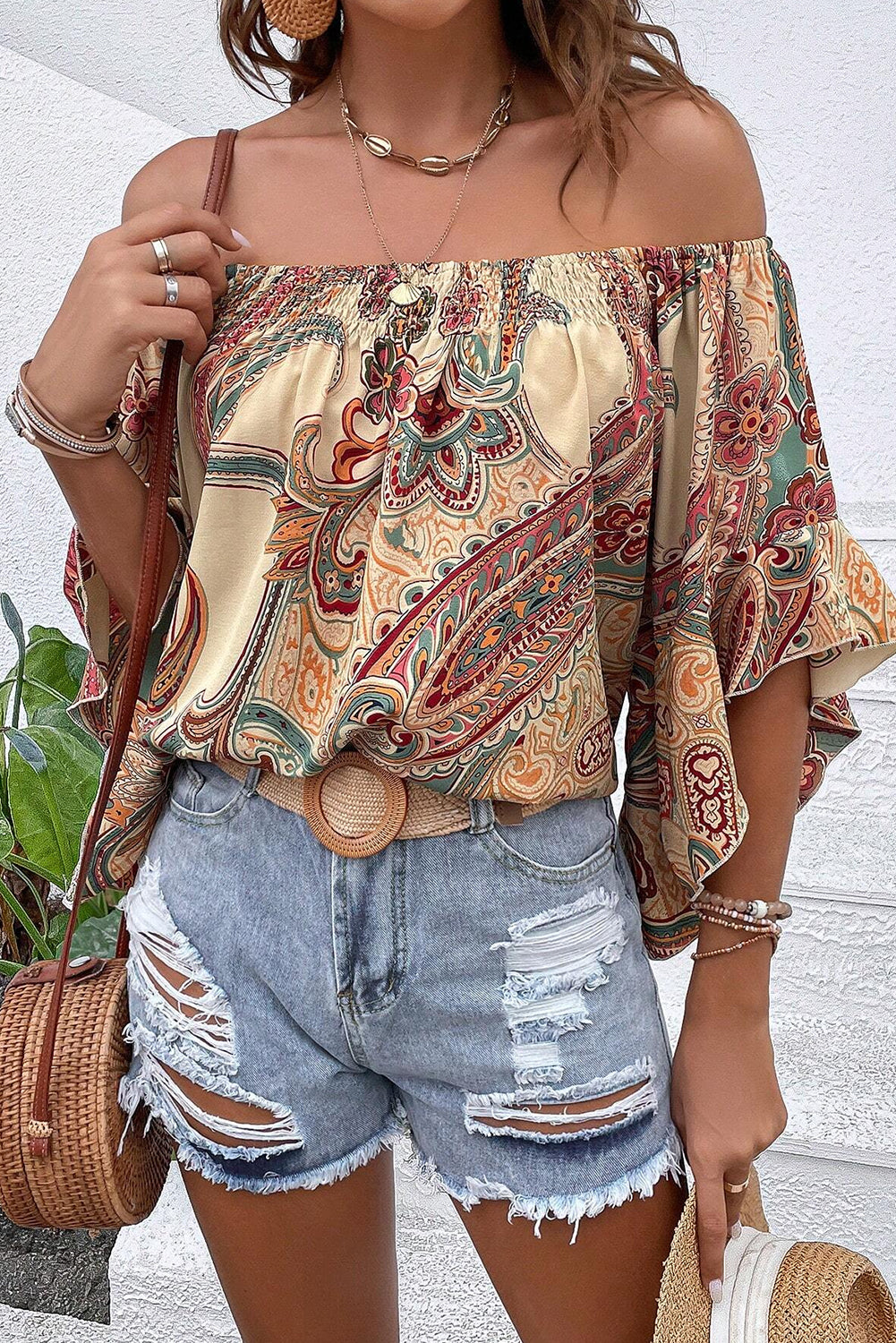 Elegant Apricot Paisley Off-Shoulder Ruffled Half Sleeve Blouse