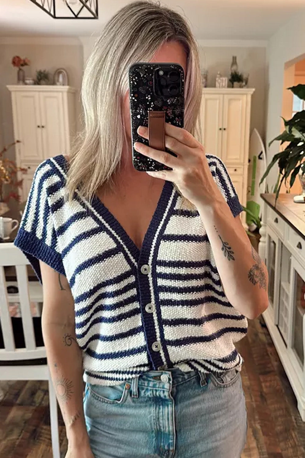 Striped Knit Vest with V Neck and Button Closure in Blue