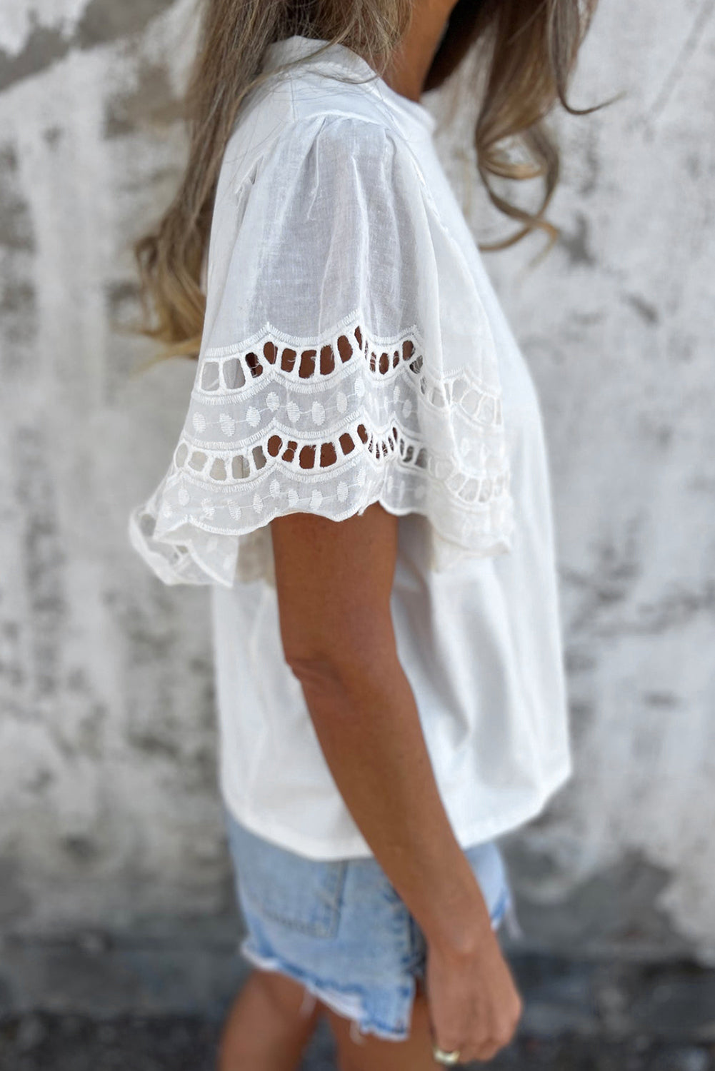 Embroidered White Flounce Sleeve Blouse with Hollow-Out Design