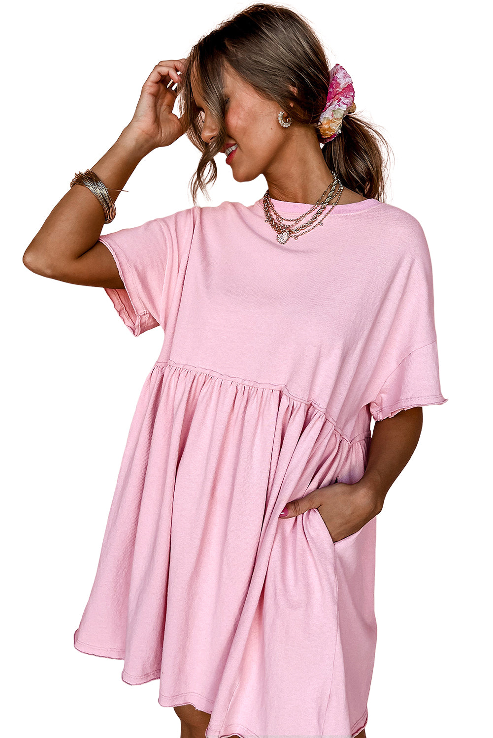 Light Pink Solid Color Pocket Raw Edge Babydoll Dress