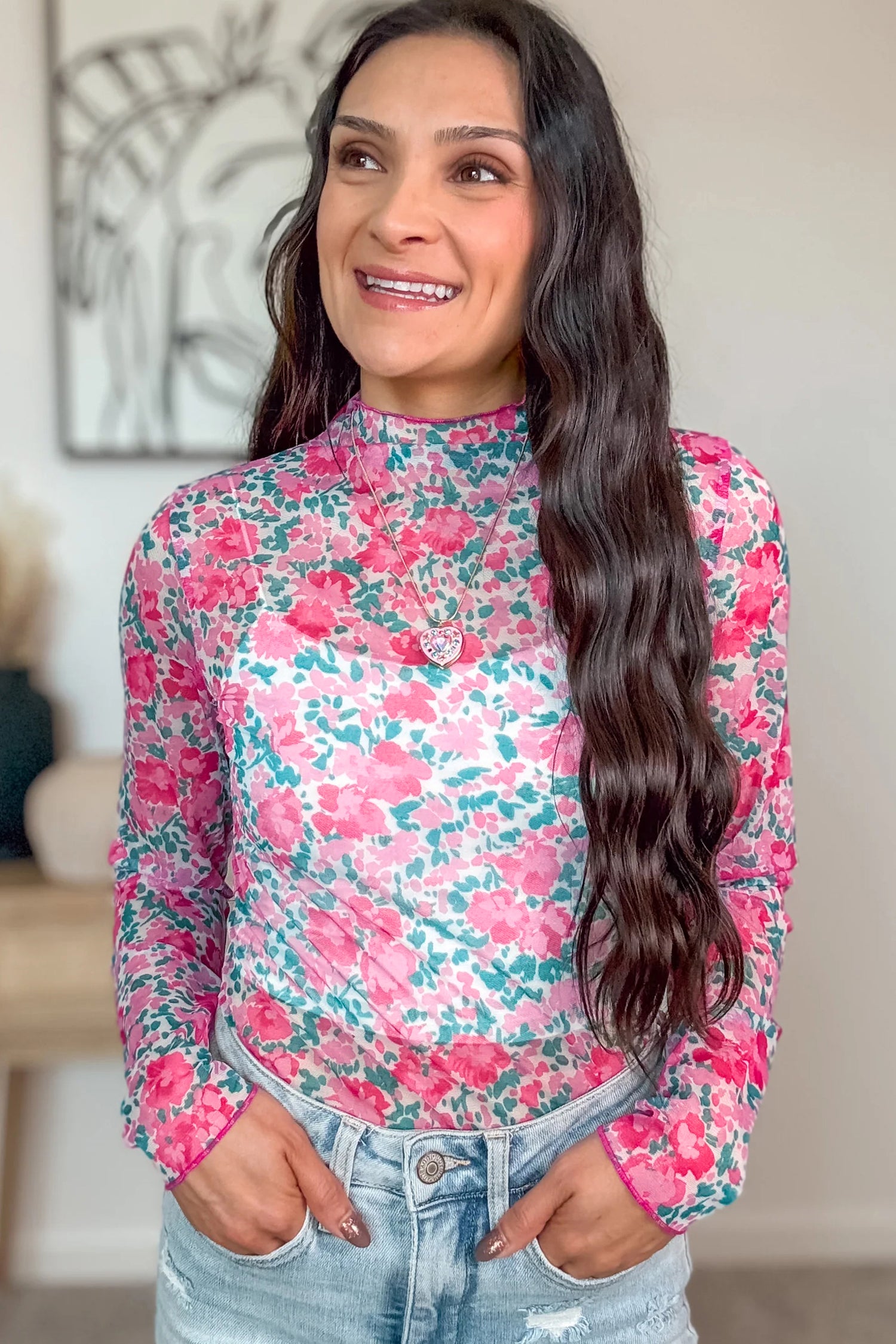 Rose Slim Fit Floral Mesh Long Sleeve Mock Neck Top