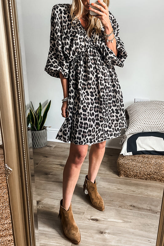 Black V Neck 3/4 Puff Sleeve Leopard Print Dress