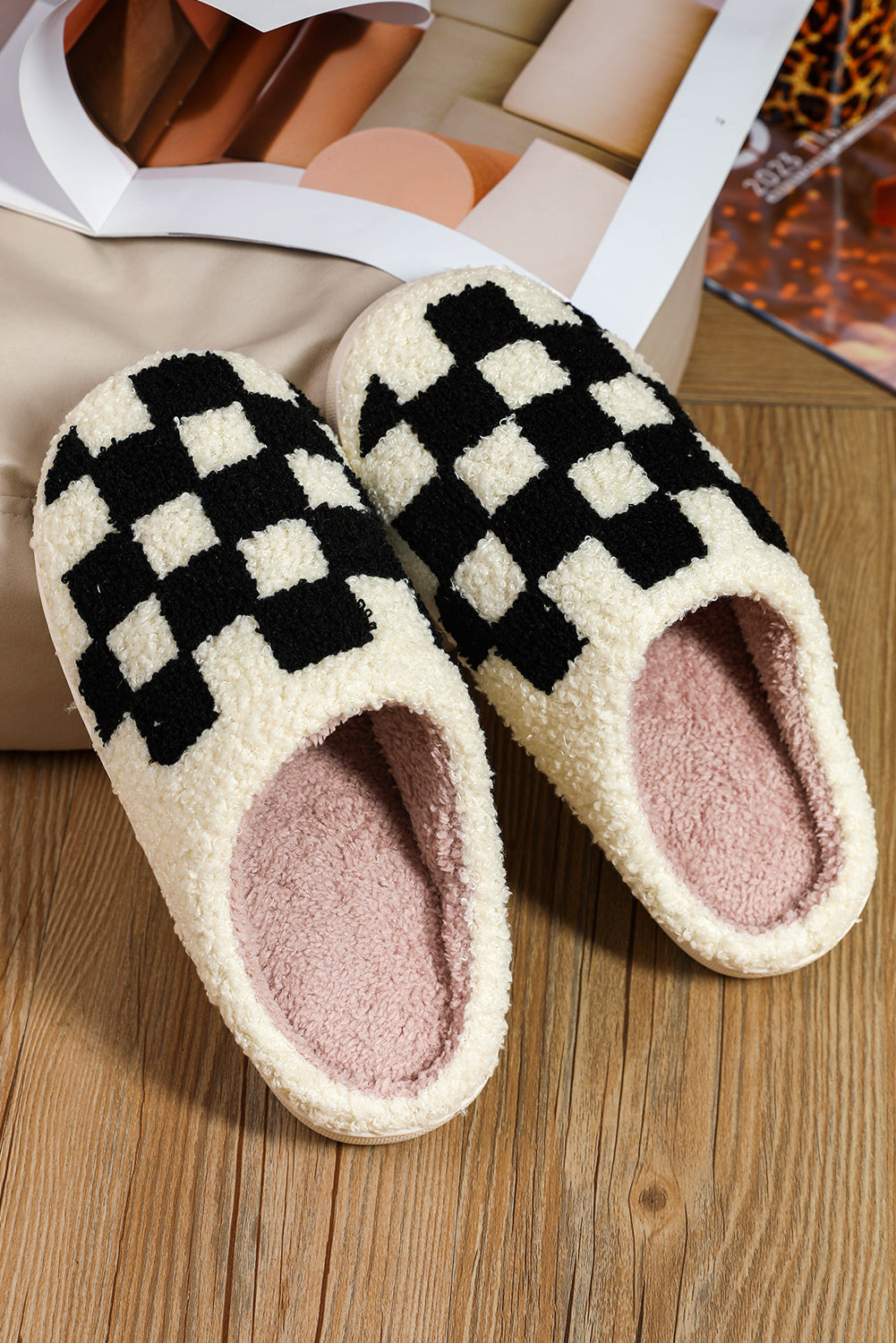 Fiery Red Checkered Print Fuzzy Slip On Winter Slippers