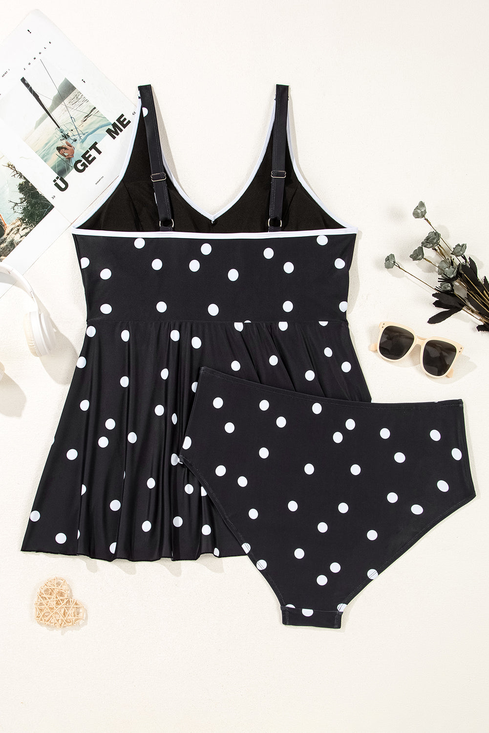 Black Polka Dot Colorblock Trim V Neck Plus Size Swim Dress