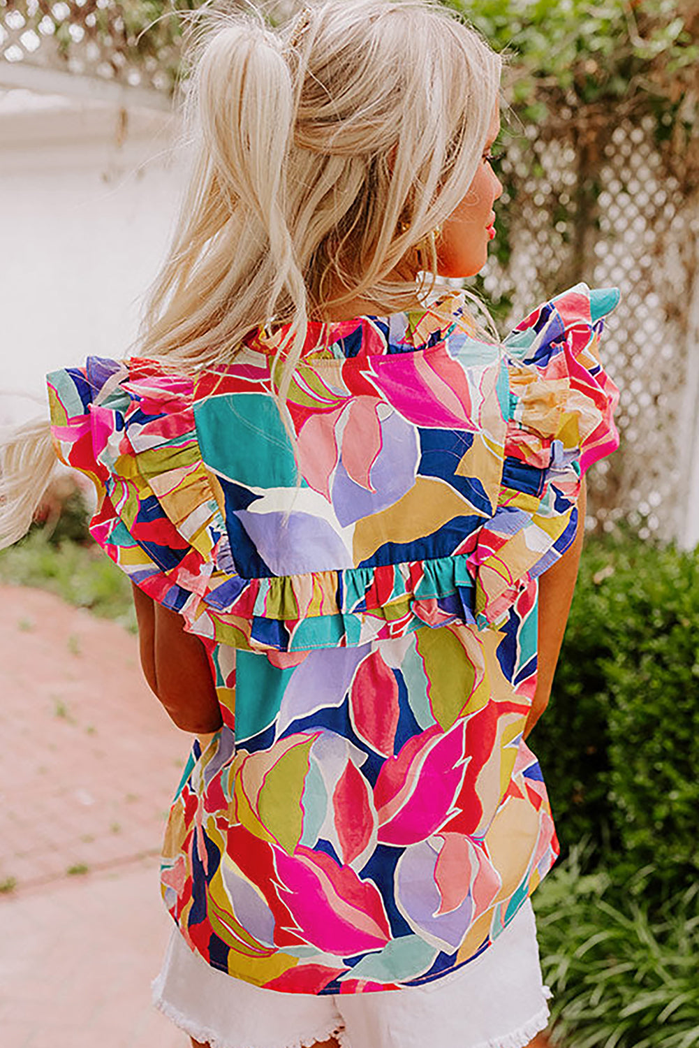 Feminine Pink Abstract Ruffle Sleeve V-Neck Blouse with Split Detail