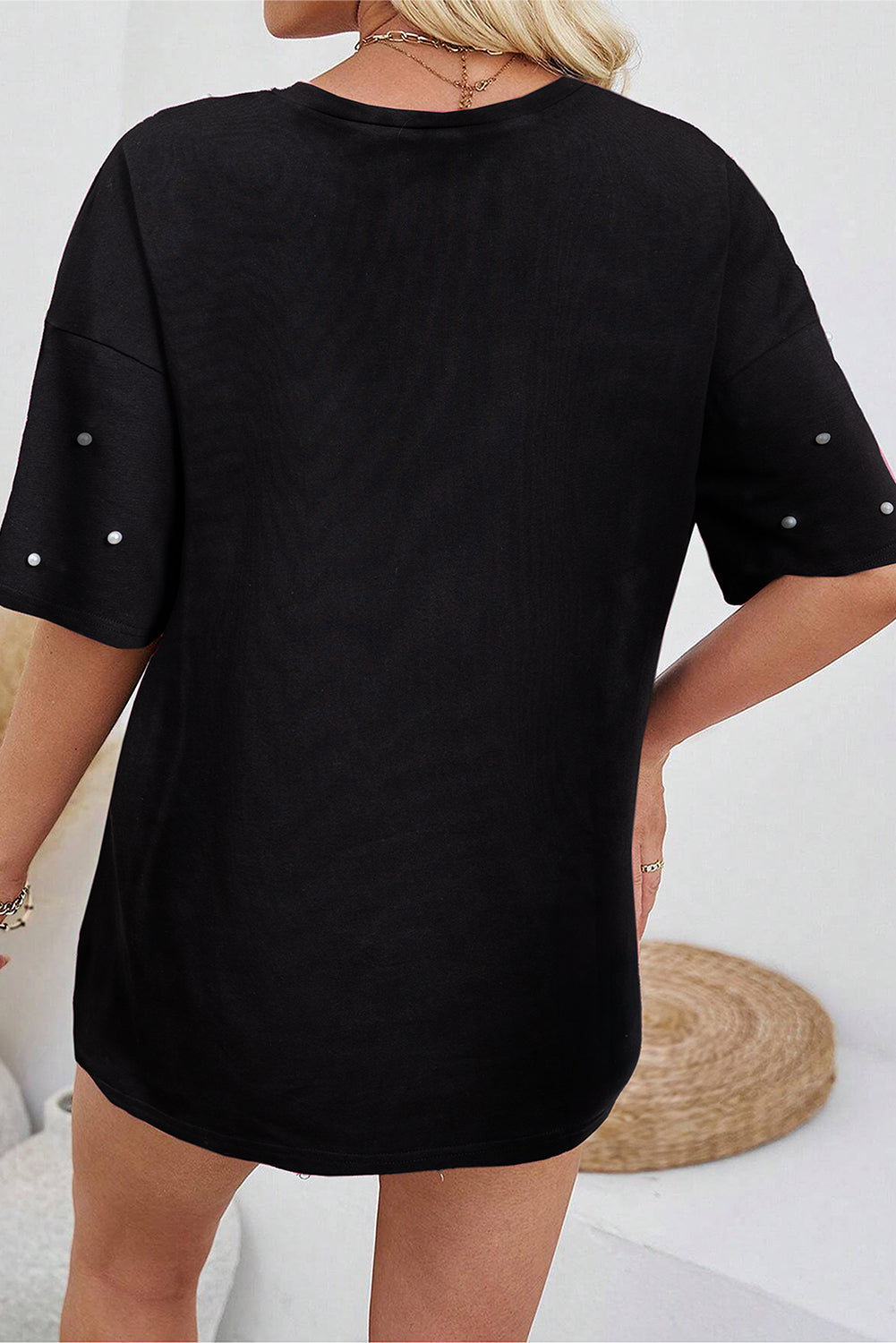 Pearl Embellished Black Drop Shoulder T-Shirt