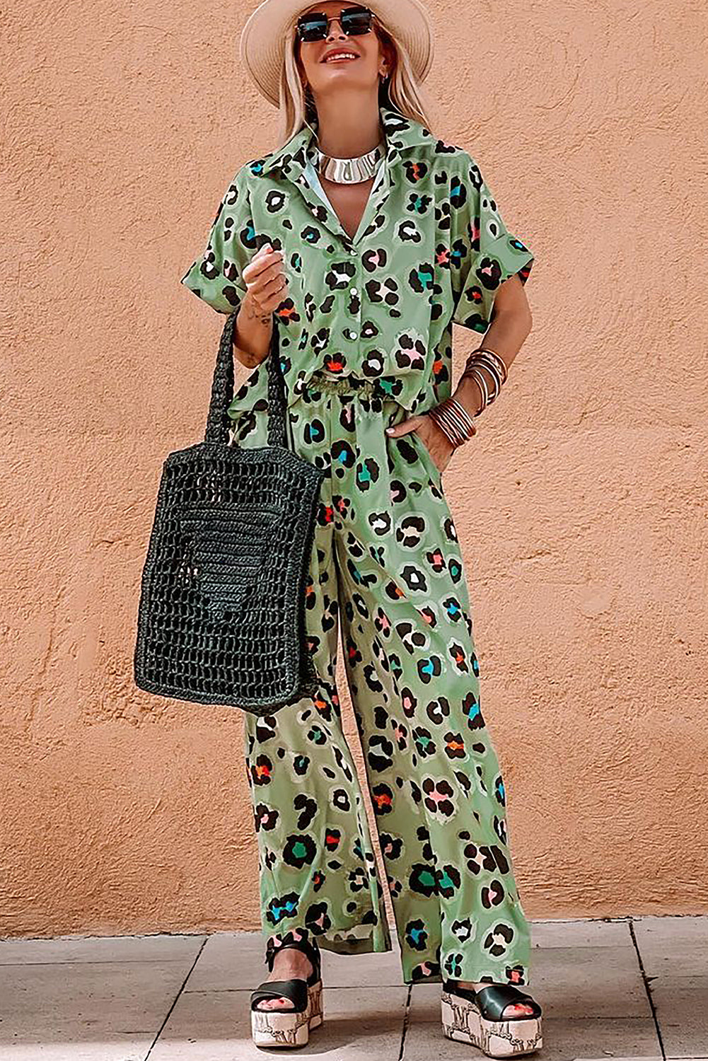 Fierce Green Leopard Print Two-Piece Shirt and Wide Leg Pants Ensemble