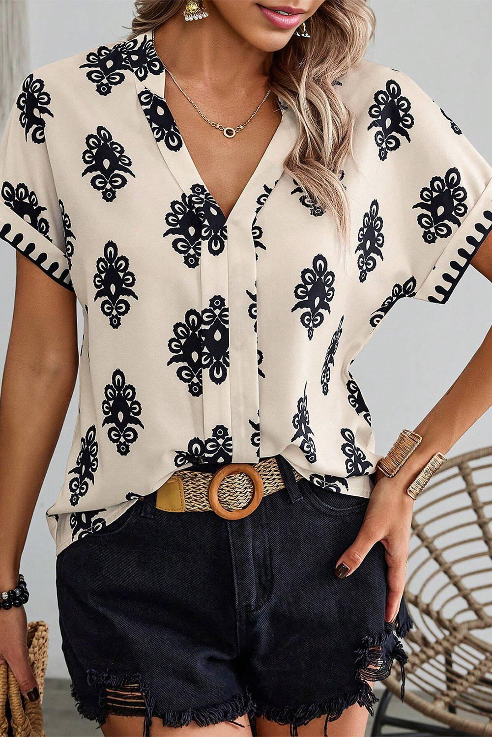 Blouse de cou à manches courtes à imprimé géométrique noir